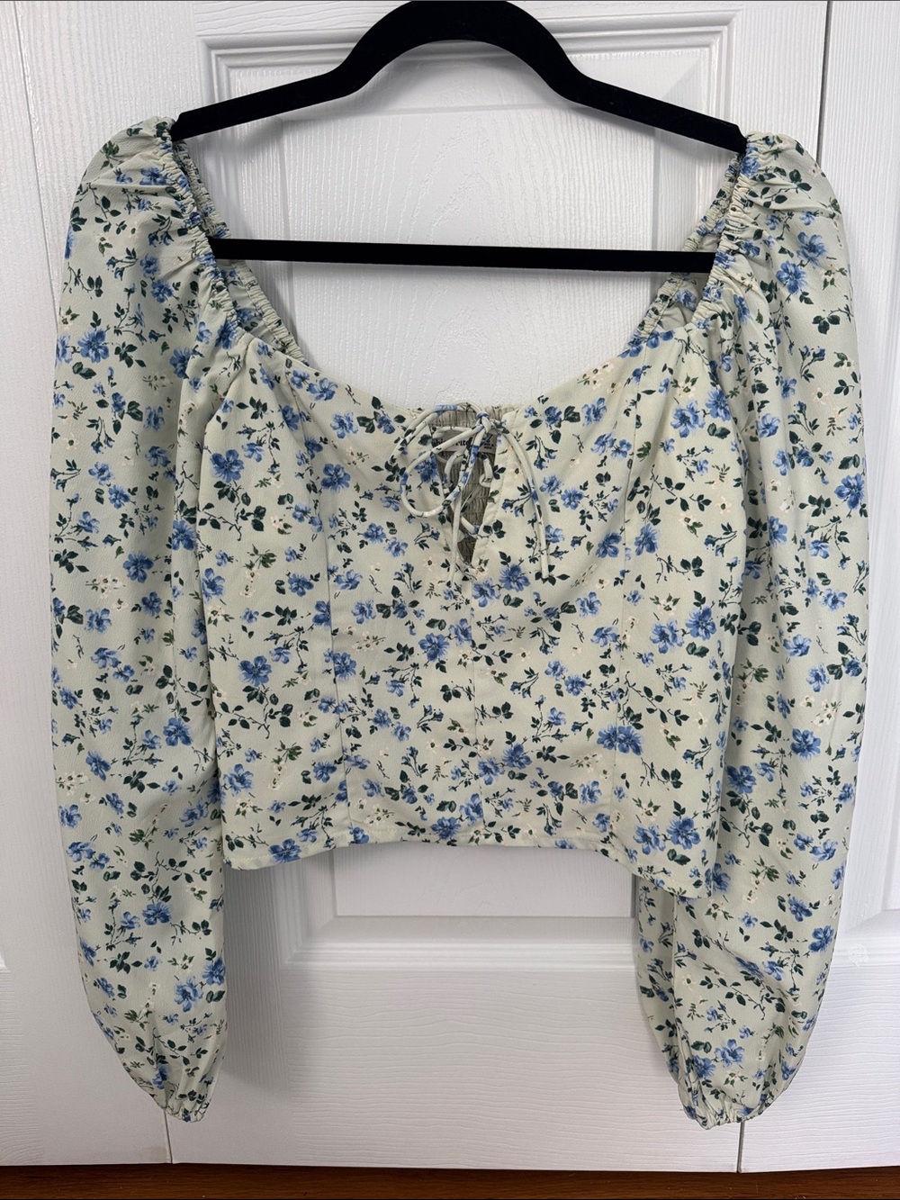 Abercrombie & Fitch Cream Floral Lace-Up Crop Top with Blue Print